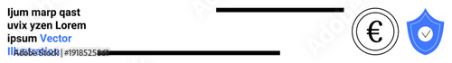 Financial security, currency protection, online payments, secure transactions, monetary systems, fraud prevention. Euro currency icon beside a shield with checkmark. Financial security and currency