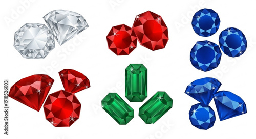 Colorful assortment of precious gems on white background including red green blue and clear jewels