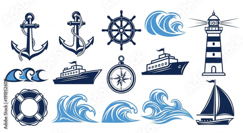 Nautical icons set including anchors ships lighthouse waves and navigation tools in blue on white background for maritime themes
