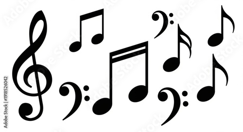 Black music notes on white background treble clef bass clef and melody symbols representing harmony and composition in music