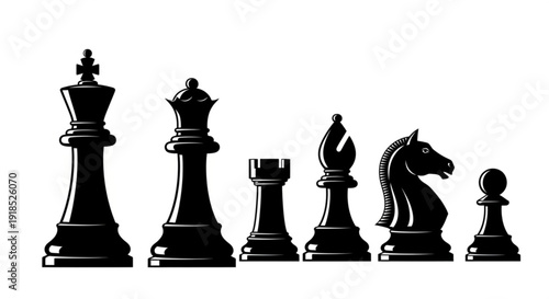 Black chess pieces arranged in a row on a white background king queen rook bishop knight pawn strategy game