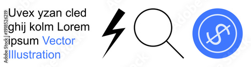 Business analysis, financial assessment, energy concepts, economic management, data search, and sustainability. Black lightning, magnifying glass and blue dollar symbol. Financial analysis