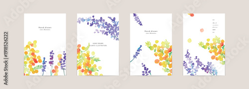 水彩画。水彩タッチの春の植物テンプレート。花と植物の装飾背景セット。
Watercolor painting. Spring botanical template with watercolor touches. Floral and botanical decorative background set.