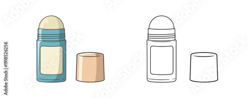 Roll-on deodorant in flat and line art styles with blue bottle and beige cap isolated on white background for body care or personal hygiene products