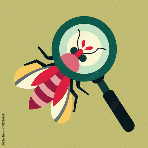 Magnifying glass examining a detailed insect illustration, symbolizing exploration and discovery in nature.