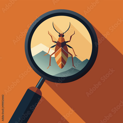 Flat vector illustration of a magnifying glass held over a detailed insect, representing scientific observation and nature study.