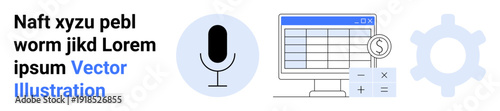 Data visualization, automation tools, audio input, tech workflows, finance tracking, software development. Microphone, data table and gear symbol. Data visualization and automation tools concept