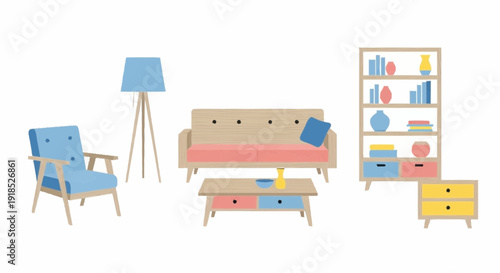 Modern furniture illustration featuring sofa, chair, table, lamp, and bookshelf in a minimalist living room setting from a front viewpoint.