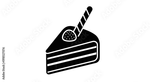 Minimalist vector illustration depicting a delicious layered cake slice, garnished with a delicate wafer stick and a small fruit topping, ideal for bakery menus and sweet treat promotions