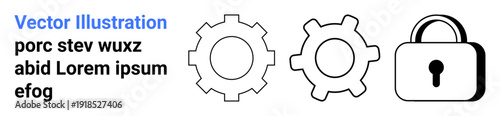 Data security, encryption, technology services, mechanical systems, cybersecurity, access control. Two gear icons alongside a padlock. Data security and encryption concept