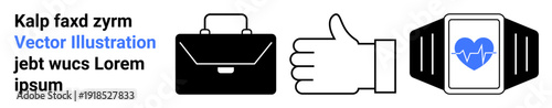 Business, health monitoring, approval, technology, smart devices, and communication. Visuals include a briefcase, a thumbs-up and a smartwatch with a heart icon. Business and health monitoring