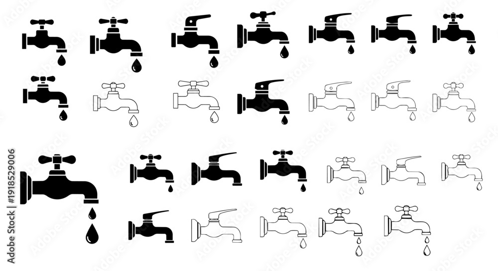 Obraz premium Water Tap / Faucet Icon Set – Plumbing & Water Supply Symbols