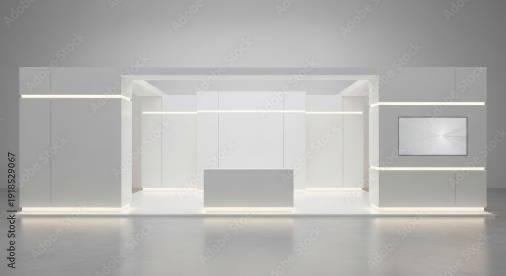 Fototapeta premium Modern minimalist white exhibition stand with integrated lighting and a central counter.