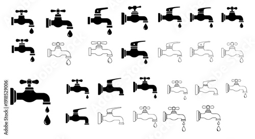 Water Tap / Faucet Icon Set – Plumbing & Water Supply Symbols