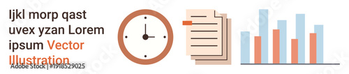 Time tracking, productivity, financial growth, data analysis, documentation, strategy planning. Clock, bar chart and papers displayed together. Time tracking and productivity concept