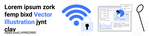 Cybersecurity, data protection, online privacy, secure networks, analytics, information technology. wireless signal with lock and charts. Cybersecurity and data protection