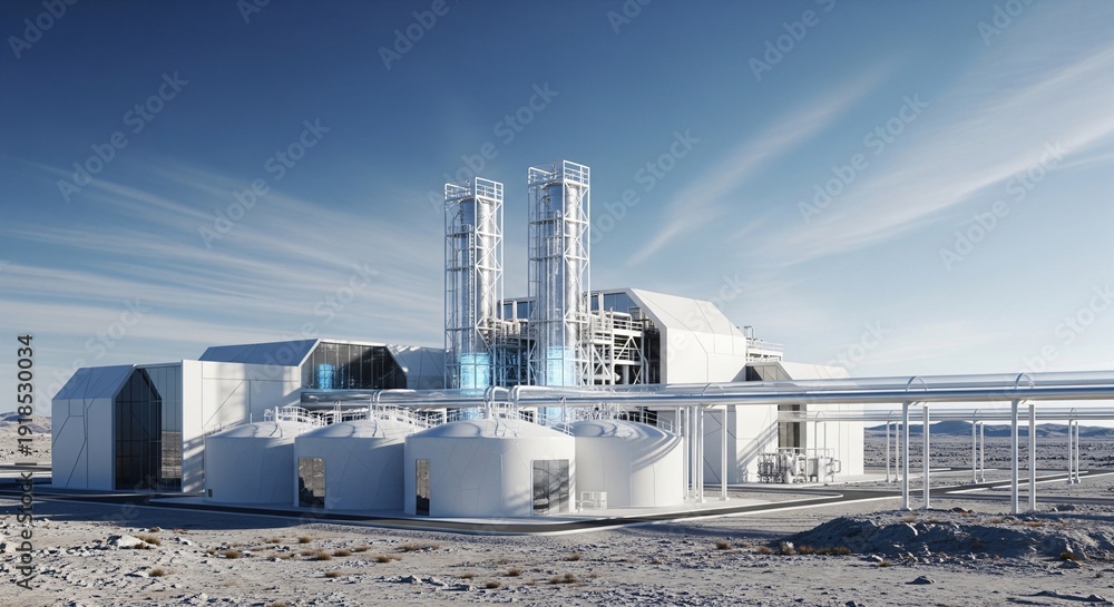 Obraz premium Modern industrial facility with storage tanks and pipelines under a bright blue sky