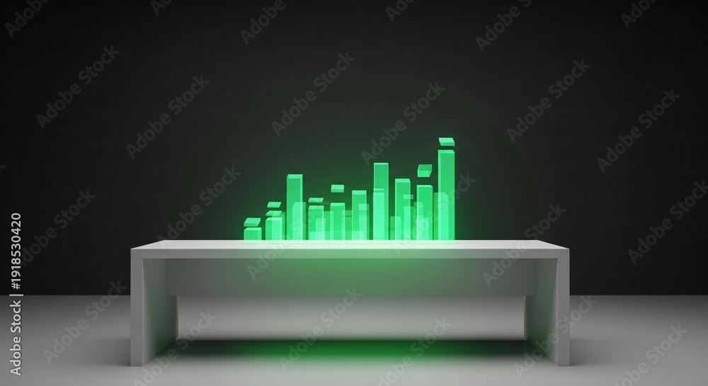 Fototapeta premium Glowing green bar chart on a white table against a dark background graph
