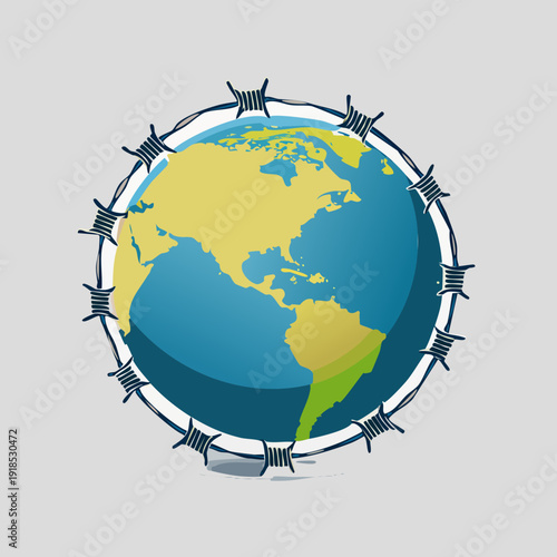 Earth Globe with Barbed Wire Symbolizing Global Conflict and Restriction.