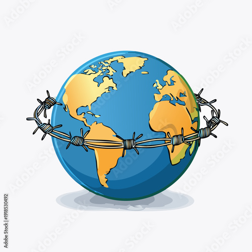 Earth globe wrapped in barbed wire symbolizing restriction and conflict.