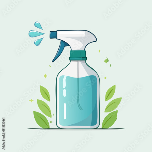 Eco Friendly Cleaning Spray Bottle with Green Leaves Illustration.