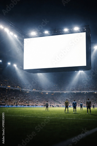 Empty stadium scoreboard at night with players on the field under bright lights.