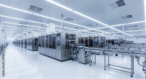 Automated manufacturing line with modern cleanroom technology and sleek machinery