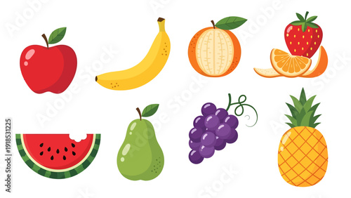 Vibrant Fruit Vector Illustration Set Featuring Apple Banana Orange Strawberry Watermelon Pear Grapes and Pineapple Icons on White Background for Design Projects.