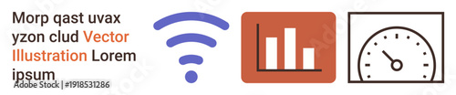 Technology, data analysis, wireless connectivity, performance tracking, business metrics, internet speed. wireless signal, bar graph and speedometer icons. Technology and data analysis concepts