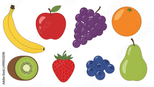 Colorful Flat Vector Illustration of Various Fresh Healthy Fruits Including Banana Red Apple Purple Grapes Orange Kiwi Strawberry Blueberries and Pear on White.