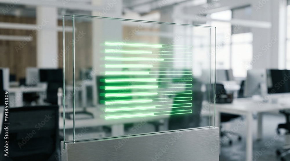 Fototapeta premium Futuristic glass screen displays glowing green horizontal progress bars in a modern office