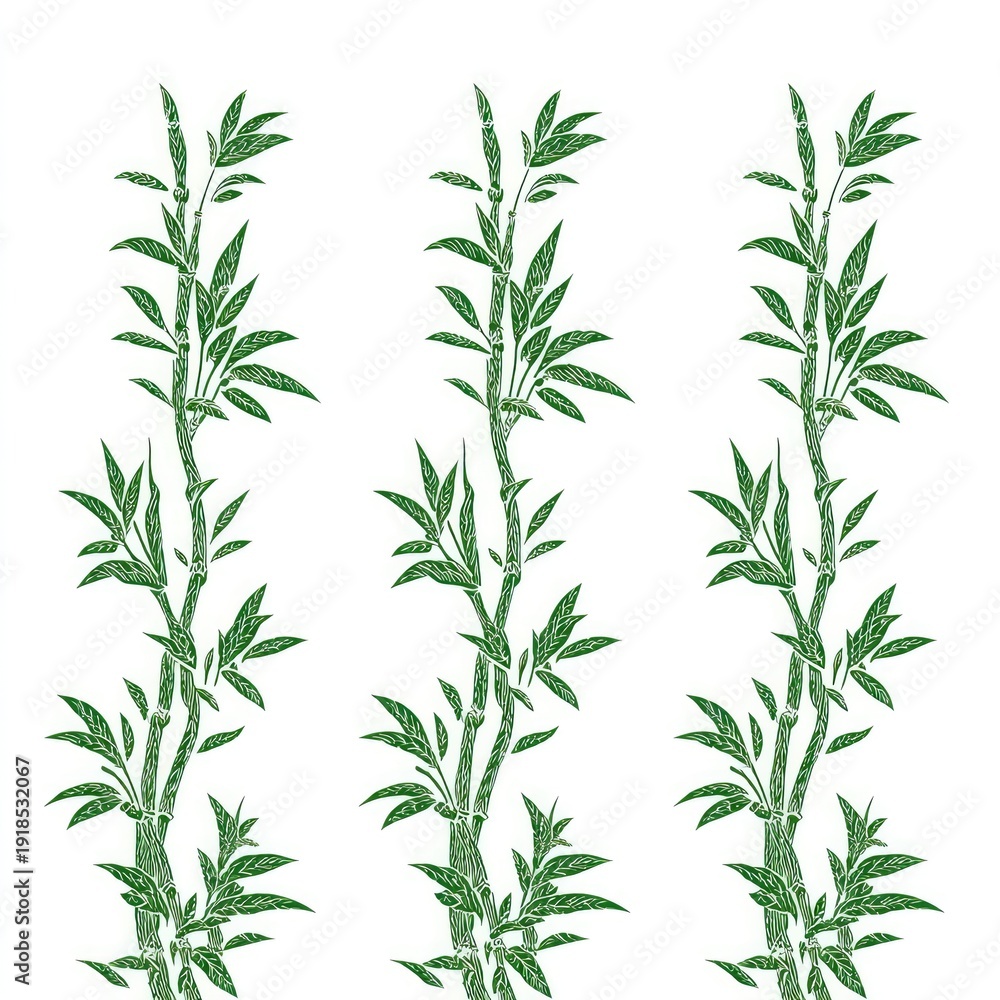 Fototapeta premium Three stylized green bamboo stalks with delicate leaves against white
