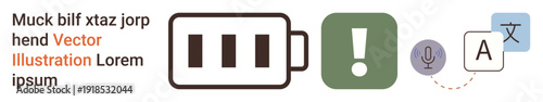 Energy management, communication tools, digital assistance, warning signs, language translation, audio input. Battery icon, exclamation mark microphone and text translation symbols. Communication