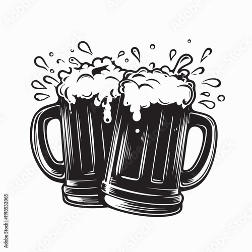 Refreshing Beer Mugs Cheers with Foam and Splash Vector