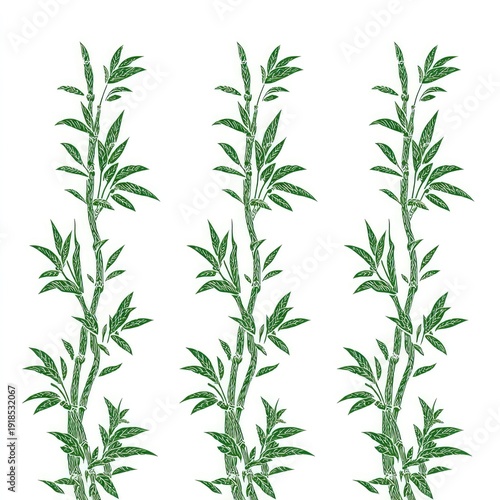 Three stylized green bamboo stalks with delicate leaves against white