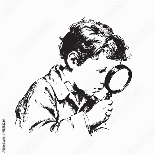 Curious Child Examining Object with Magnifying Glass Vector On White Background