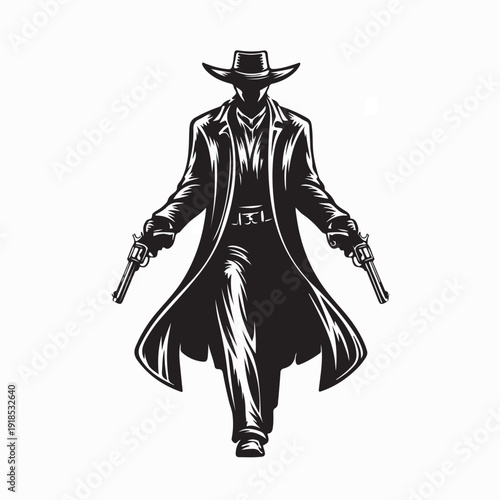 Confident Cowboy with Revolvers Silhouette Illustration Vector