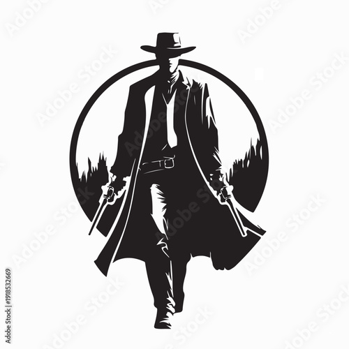 Classic Wild West Cowboy Long Coat Silhouette Logo Vector