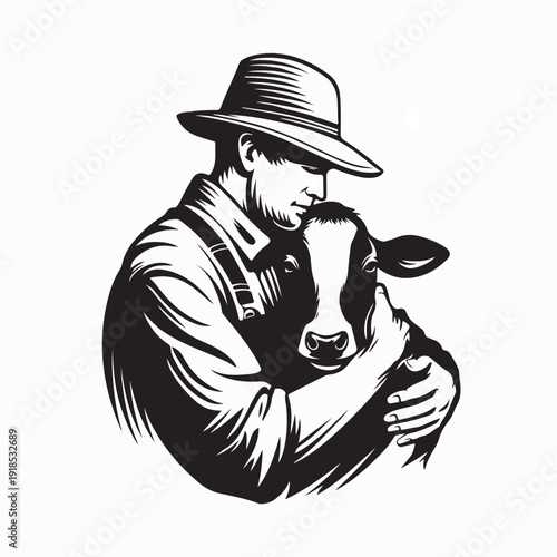 Agriculture Farmer Hugging Dairy Cow Illustration on White Background