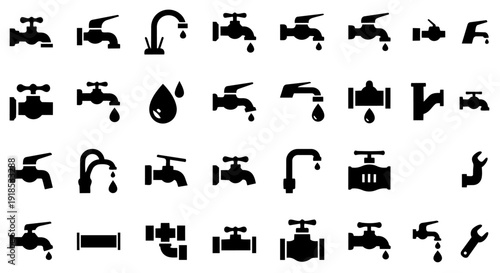 Faucet & Plumbing Icons Set – Water Tap, Valve, Pipe Vector Collection