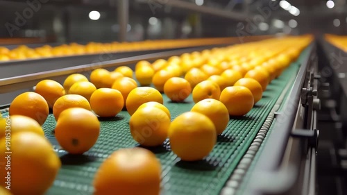 Close-up of fresh organic oranges moving on an automated industrial conveyor belt for quality sorting and packaging.