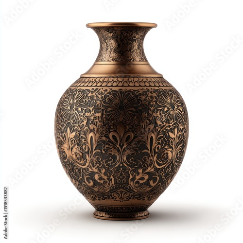 Ornate copper vase with intricate floral and geometric embossed patterns