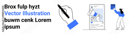 Digital marketing, online announcements, creative content, social media, communication tools, teamwork. Black and white design with blue elements showing content creation and interaction. Digital