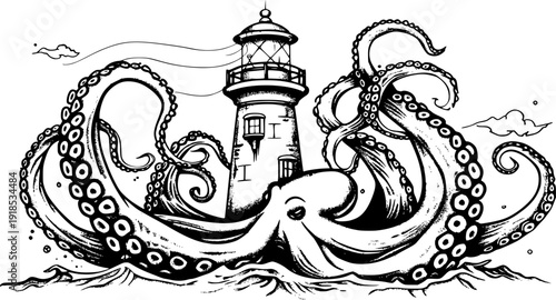 Vintage black ink tattoo sketch of an octopus silhouette with a beacon tower above the ocean waves as a decorative vector ornament element.