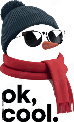Cool snowman wearing sunglasses, beanie and red scarf, saying ok cool
