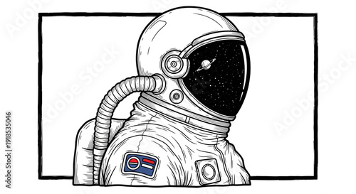Astronaut in space helmet, cosmos view, black and white illustration