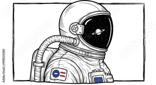 Astronaut in space with planet, cosmos, galaxy, black and white illustration