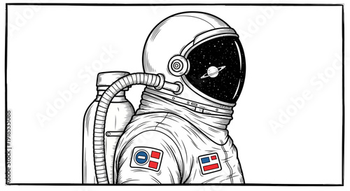Astronaut in space suit with planet, galaxy, cosmos, black and white illustration