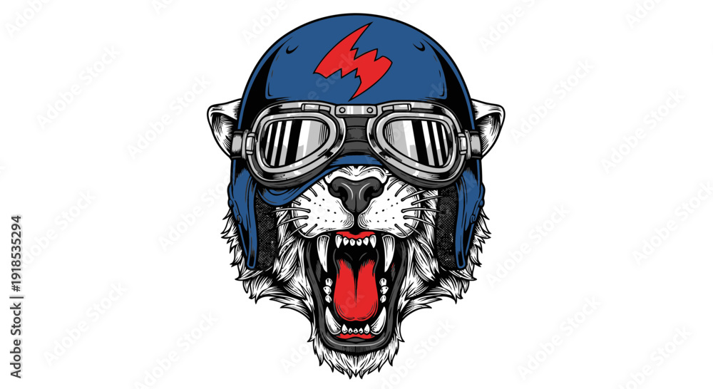 Fototapeta premium tiger wearing helmet, vintage illustration, animal portrait, biker