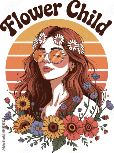 Flower child portrait with daisy crown and sunglasses against sunset retro style illustration